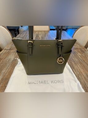 Michael Kors Dark Olive Saffiano Leather Tote with Gold Logo Charm